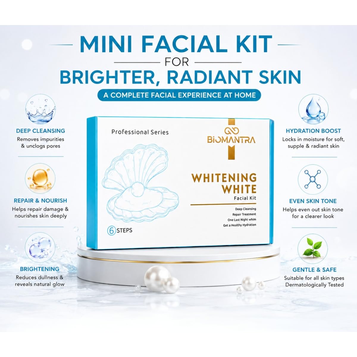 BIOMANTRA Whitening White Facial Kit | 6 Step Mini Facial Kit for Bright & Glowing Skin | Cleanser, Scrub, Gel, Cream, Mask & Serum | Hydrating Skincare Kit for Women
