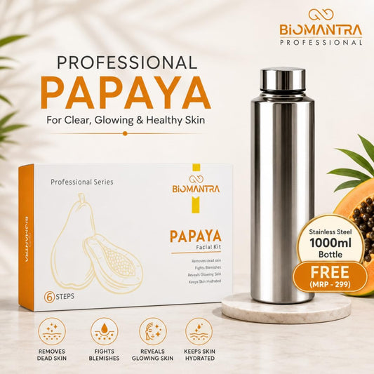 BIOMANTRA Papaya Facial Kit 500g | 6-Step Professional Tan Removal Facial for Deep Cleansing & Skin Brightening | Salon Quality Face Care | FREE 1000ml Stainless Steel Water Bottle (Worth ₹299) 500g