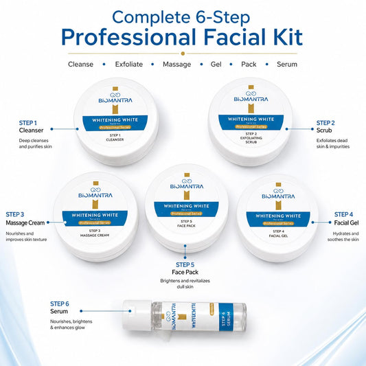 BIOMANTRA Whitening White Facial Kit for Skin Brightening & Tan Removal | Deep Cleansing Facial Kit with Cleanser, Scrub, Gel, Face Pack, Cream & Serum | Suitable for All Skin Types