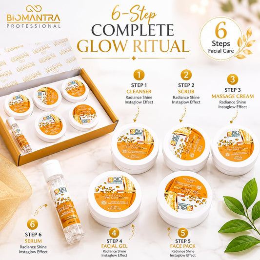 BIOMANTRA Sparkling 24K Gold Facial Kit for Skin Brightening & Glow | Diamond Dust & Gold Kit with Cleanser, Scrub, Massage Cream, Gel, Face Pack & Serum | For All Skin Types