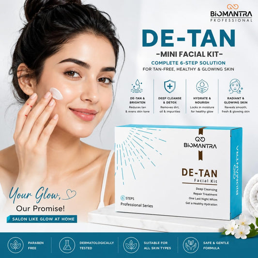 BIOMANTRA De-Tan Facial Kit | 6 Step Mini Facial Kit for Tan Removal & Skin Brightening | Cleanser, Scrub, Gel, Cream, Mask & Serum | Hydrating Skincare Kit for Women