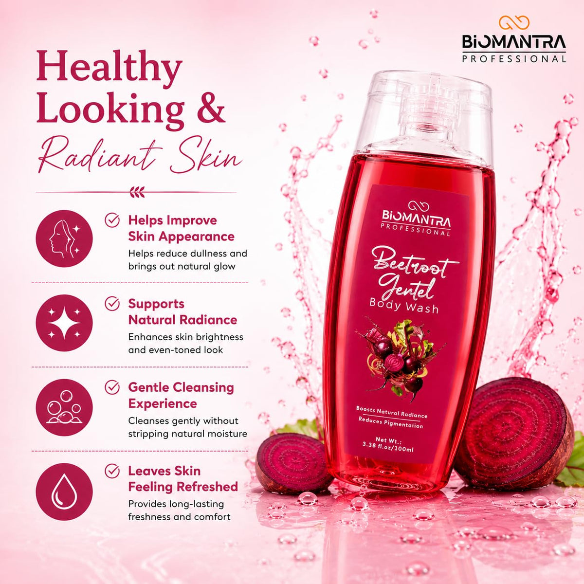 BIOMANTRA Professional Beetroot Gentle Body Wash | Refreshing & Moisturizing Body Cleanser for Healthy Looking Skin | Helps Improve Skin Radiance | Daily Use Shower Gel | 100ml
