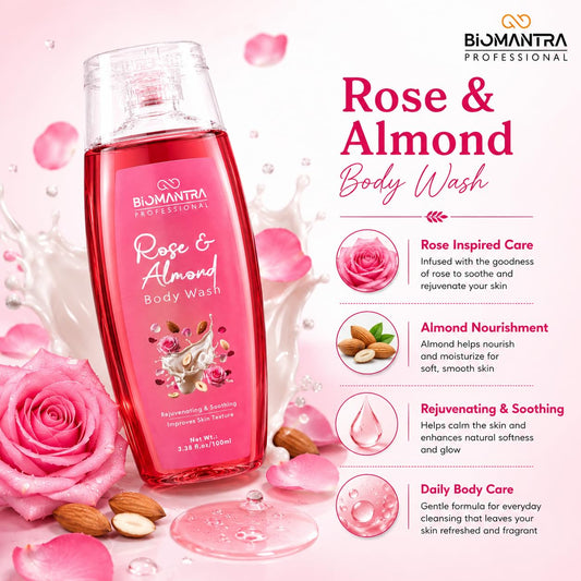 BIOMANTRA Rose & Almond Body Wash Pack of 2 + 1 Free | Rejuvenating & Soothing Body Cleanser | Helps Improve Skin Texture | Moisturizing Daily Shower Gel for Soft & Healthy Looking Skin | 300ml ( 100 x 3 )