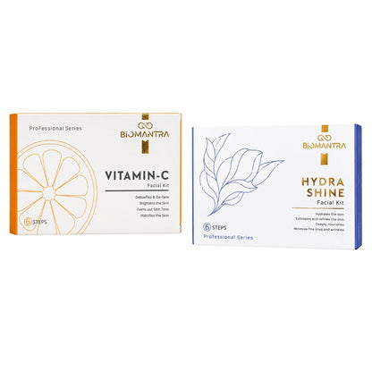 BIOMANTRA Facial Kit Combo | 6 Step Mini Facial Kit for Glowing & Hydrated Skin | Cleanser, Scrub, Gel, Cream, Mask & Serum | Skincare Kit for Women | All Skin Types (Vitamin C & Hydra shine)