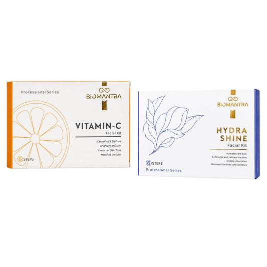 BIOMANTRA Facial Kit Combo | 6 Step Mini Facial Kit for Glowing & Hydrated Skin | Cleanser, Scrub, Gel, Cream, Mask & Serum | Skincare Kit for Women | All Skin Types (Vitamin C & Hydra shine)