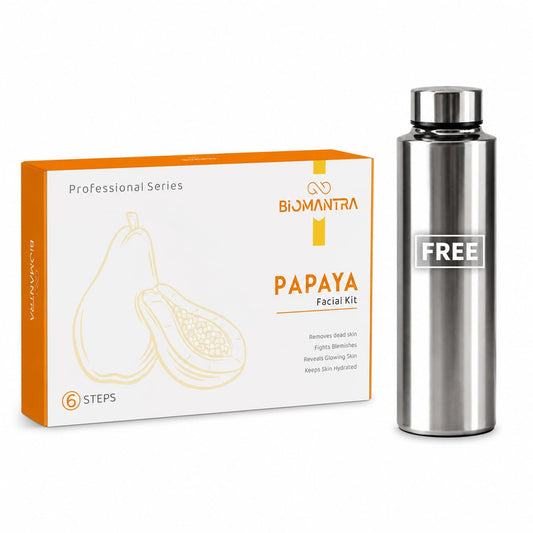 BIOMANTRA Papaya Facial Kit 500g | 6-Step Professional Tan Removal Facial for Deep Cleansing & Skin Brightening | Salon Quality Face Care | FREE 1000ml Stainless Steel Water Bottle (Worth ₹299) 500g