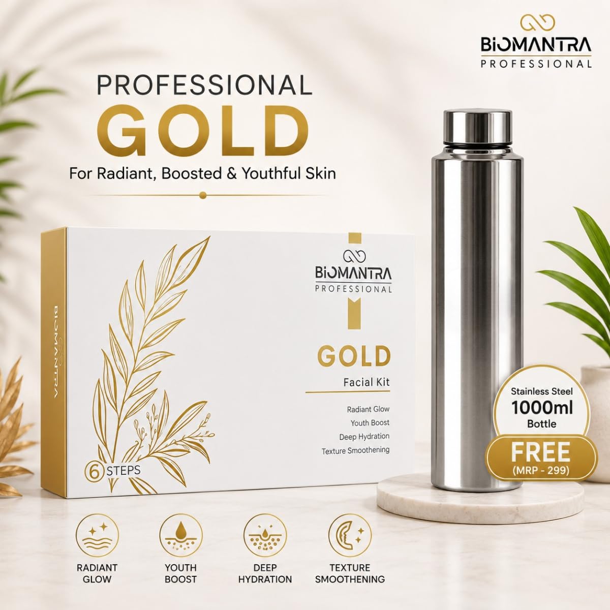 BIOMANTRA Sparkling 24K Gold Facial Kit 500g | 6-Step Professional Tan Removal Facial for Deep Cleansing & Skin Brightening | Salon Quality Face Care | FREE 1000ml Stainless Steel Water Bottle (Worth ₹299)