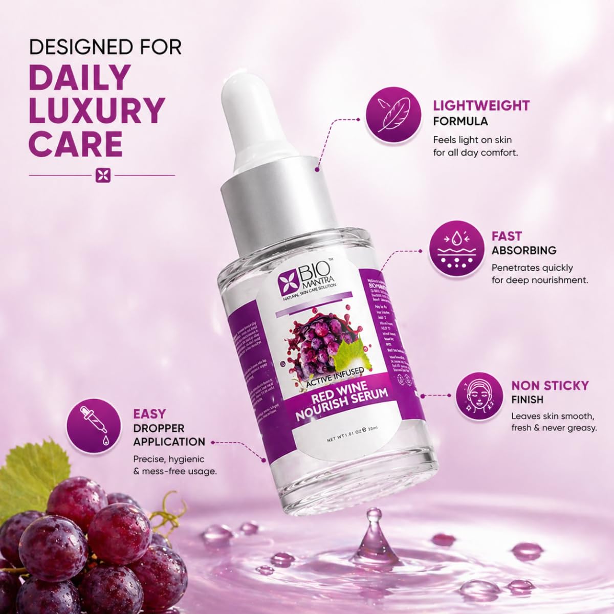 BIOMANTRA Red Wine Nourish Serum 30ml with Hyaluronic Acid & Grapes | Face Serum for Glowing Skin, Hydration, Skin Texture Improvement | Anti Aging Serum for Men & Women
