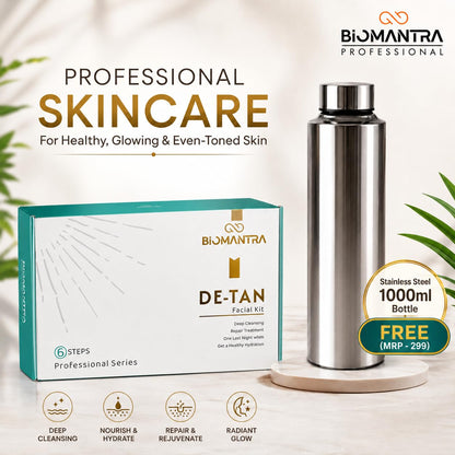 BIOMANTRA De-Tan Facial Kit 500g | 6-Step Professional Tan Removal Facial for Deep Cleansing & Skin Brightening | Salon Quality Face Care | FREE 1000ml Stainless Steel Water Bottle (Worth ₹299)