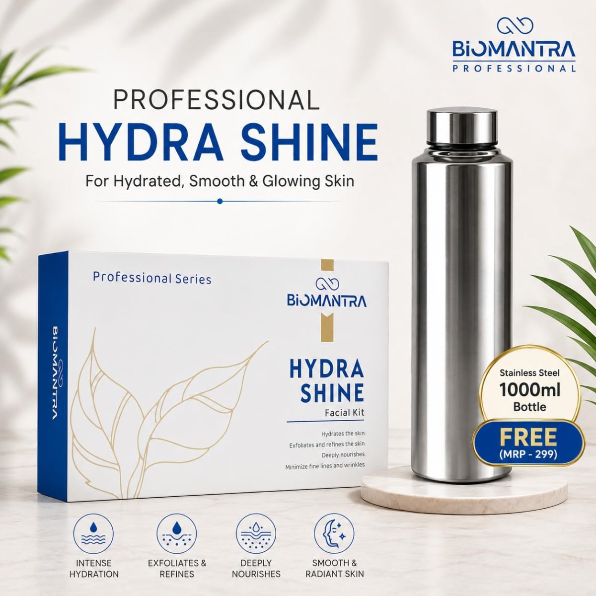 BIOMANTRA Hydra Shine Facial Kit 500g| 6-Step Professional Tan Removal Facial for Deep Cleansing & Skin Brightening | Salon Quality Face Care | FREE 1000ml Stainless Steel Water Bottle (Worth ₹299)