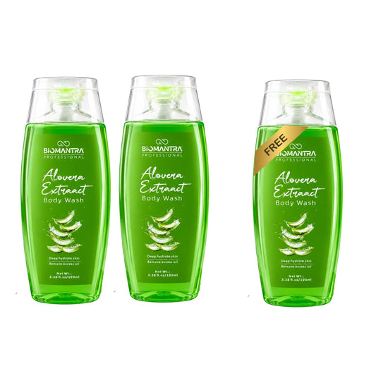 BIOMANTRA Aloe Vera Body Wash Pack of 2 + 1 Free | Rejuvenating & Soothing Body Cleanser | Helps Improve Skin Texture | Moisturizing Daily Shower Gel for Soft & Healthy Looking Skin | 300ml (100 x 3)