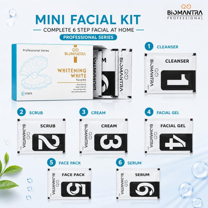 BIOMANTRA Whitening White Facial Kit | 6 Step Mini Facial Kit for Bright & Glowing Skin | Cleanser, Scrub, Gel, Cream, Mask & Serum | Hydrating Skincare Kit for Women