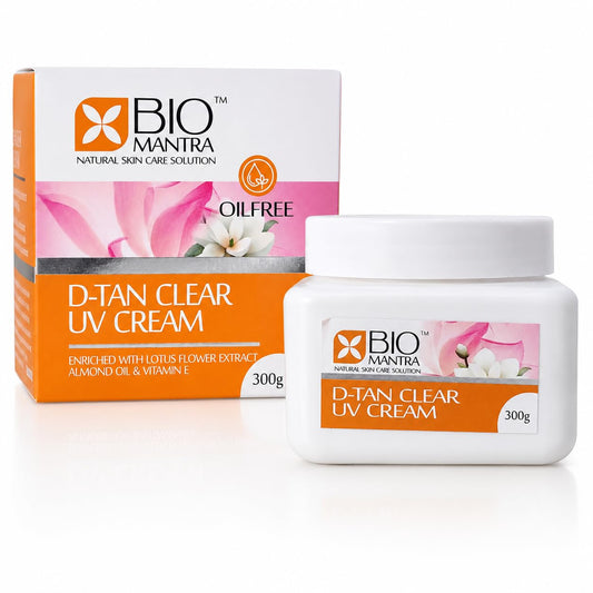 D-Tan Clear UV Cream | Oil-Free Skin Brightening & Tan Removal Cream with Lotus Flower Extract, Alpha Arbutin, Almond Oil & Vitamin E | Hydrating Face & Neck Cream for Glowing Skin Men & Women (300g)