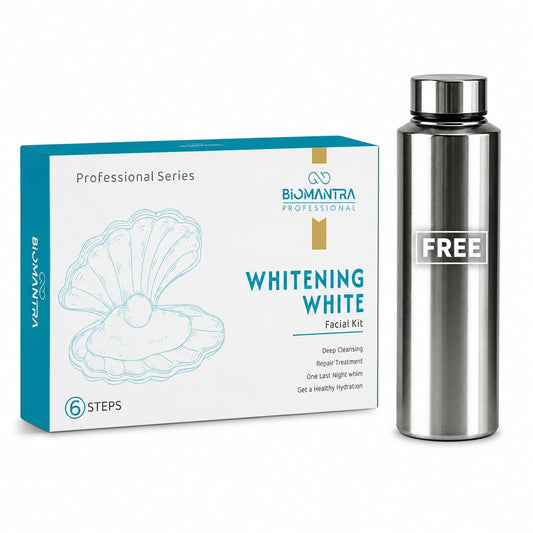 BIOMANTRA Whitening White Facial Kit 500g | 6-Step Professional Tan Removal Facial for Deep Cleansing & Skin Brightening | Salon Quality Face Care | FREE 1000ml Stainless Steel Water Bottle (Worth ₹299)