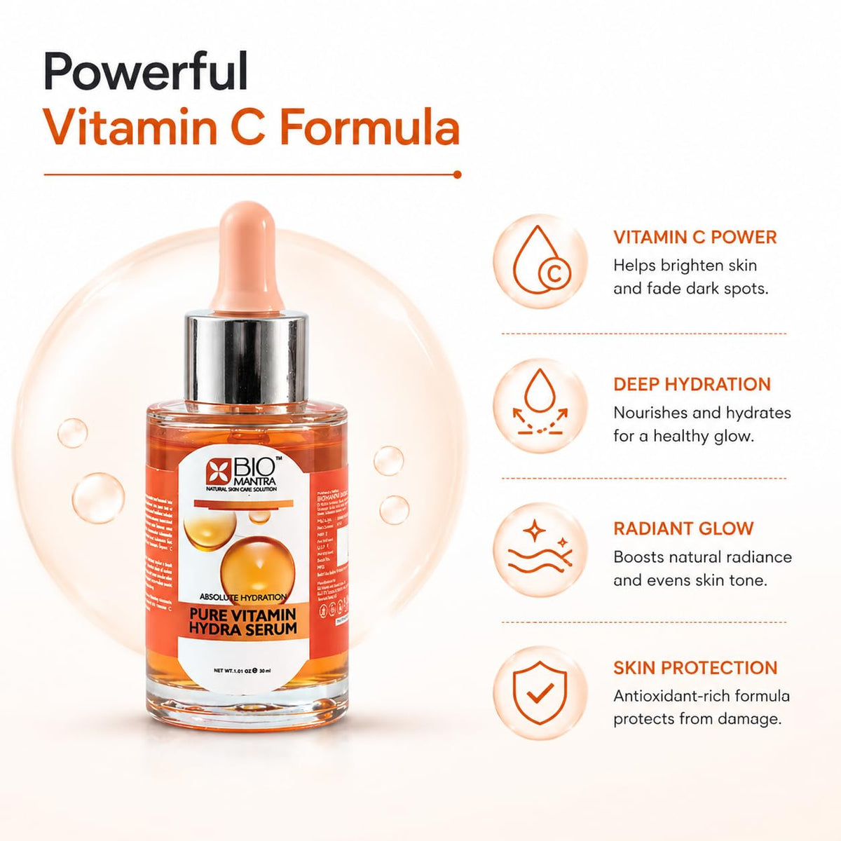 BIOMANTRA Vitamin C Face Serum for Skin Brightening & Dark Spot Removal | With Jojoba Oil, Ginseng & Hyaluronic Acid | For Glowing, Even Tone Skin | 30ml