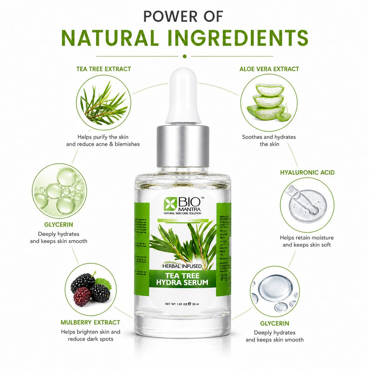 BIOMANTRA Tea Tree Hydra Serum for Acne & Pimples | Herbal Infused Face Serum with Tea Tree, Aloe Vera, Niacinamide & Hyaluronic Acid | Oil Control & Hydrating Skin Care for Men & Women | 30ml