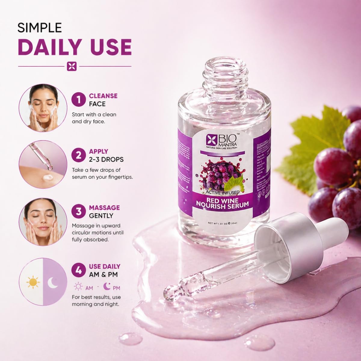 BIOMANTRA Red Wine Nourish Serum 30ml with Hyaluronic Acid & Grapes | Face Serum for Glowing Skin, Hydration, Skin Texture Improvement | Anti Aging Serum for Men & Women