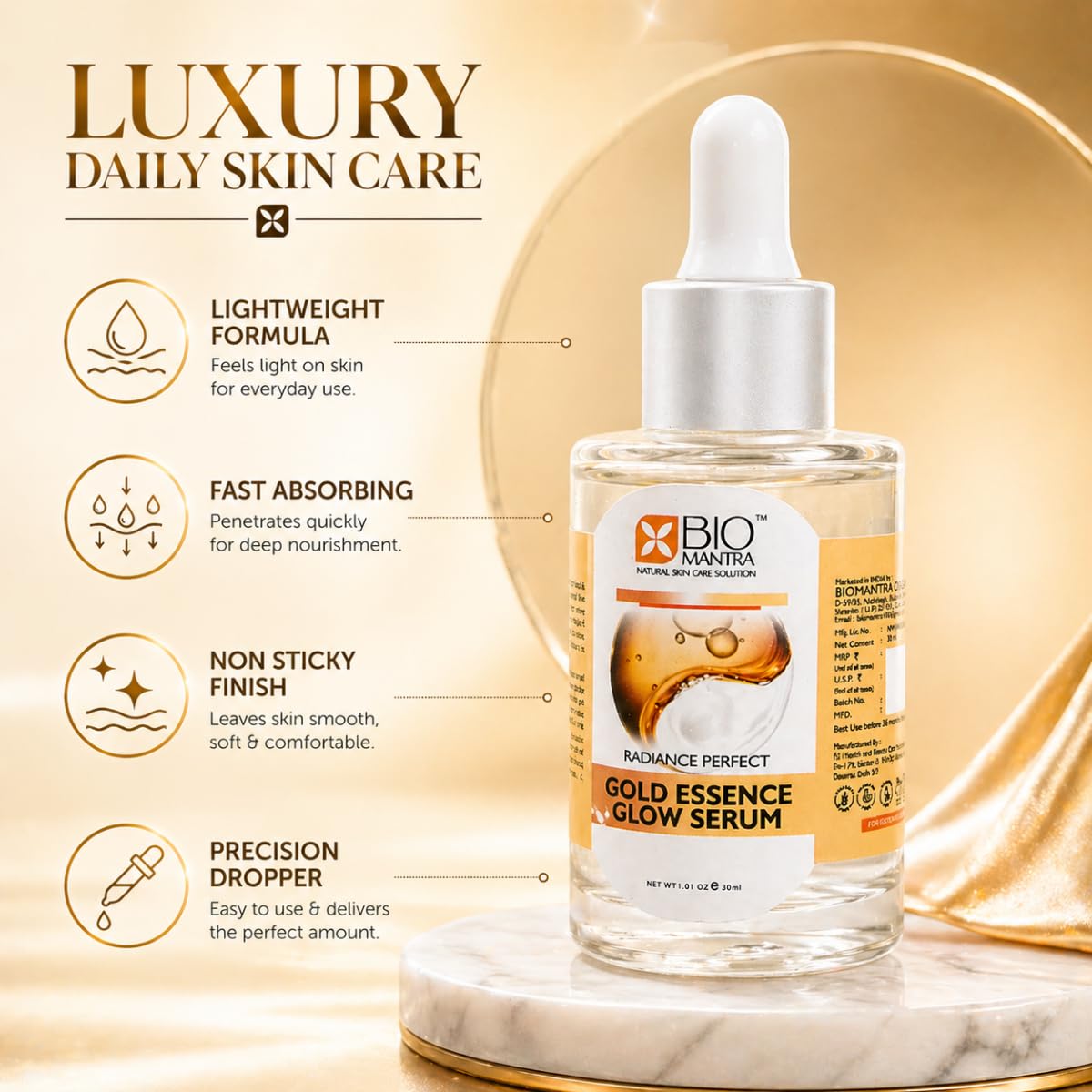 BIOMANTRA Gold Essence Glow Serum for Face with Collagen & Vitamin E | Hydrating Anti-Ageing Skin Brightening Serum for Men & Women | 30ml