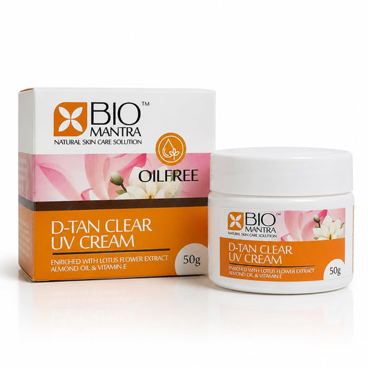 BIOMANTRA D-Tan Clear UV Cream | Oil-Free Skin Brightening & Tan Removal Cream with Lotus Flower Extract, Alpha Arbutin, Almond Oil & Vitamin E | Hydrating Face & Neck Cream for Glowing Skin Men & Women