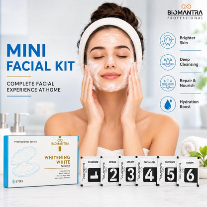 BIOMANTRA Whitening White Facial Kit | 6 Step Mini Facial Kit for Bright & Glowing Skin | Cleanser, Scrub, Gel, Cream, Mask & Serum | Hydrating Skincare Kit for Women