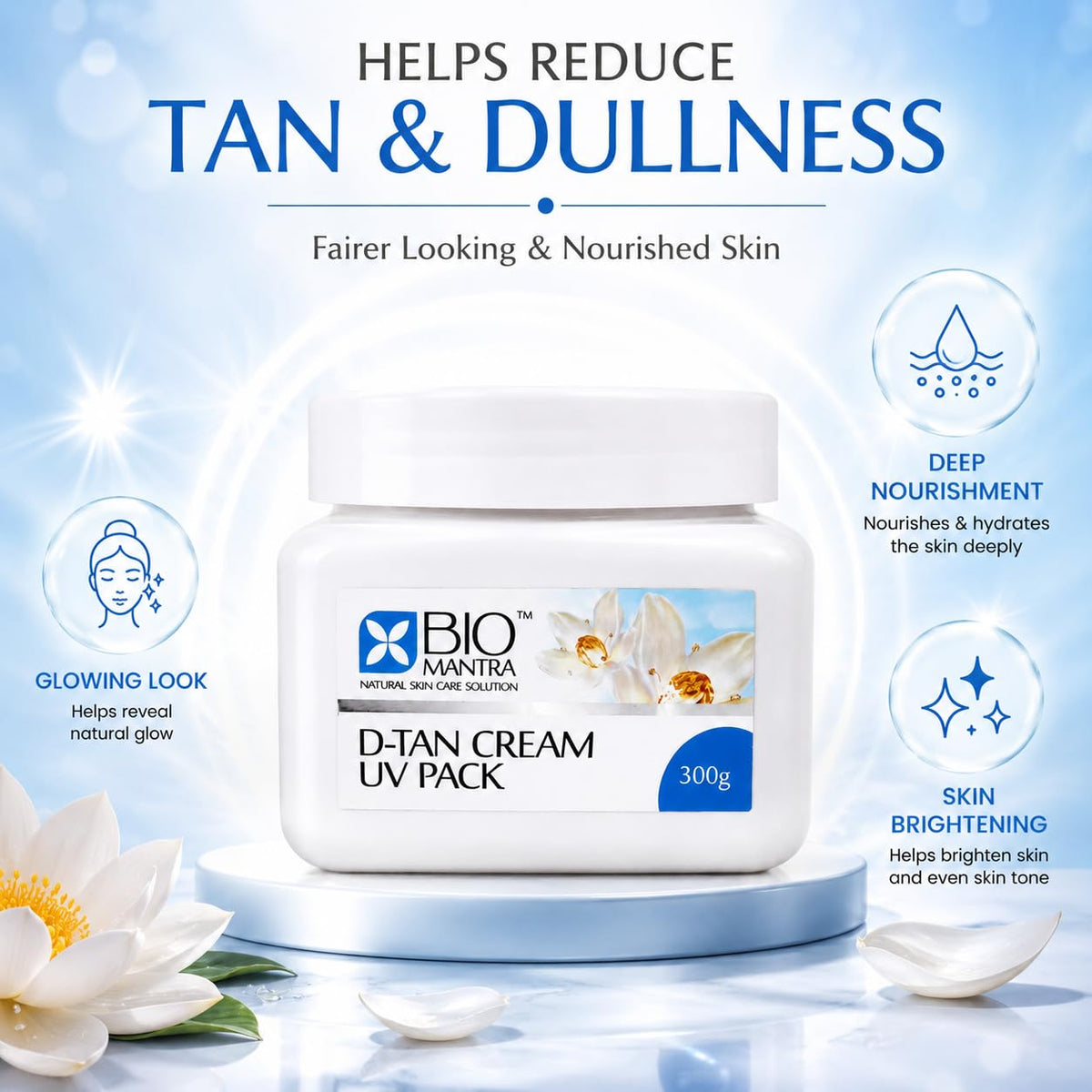 Bio Mantra D-Tan Pack Skin Lightening Cream UV Pack with Lotus Flower Extract for Glowing Skin | Oil Free Formula | Face & Neck De-Tan Cream for Men & Women | 300g