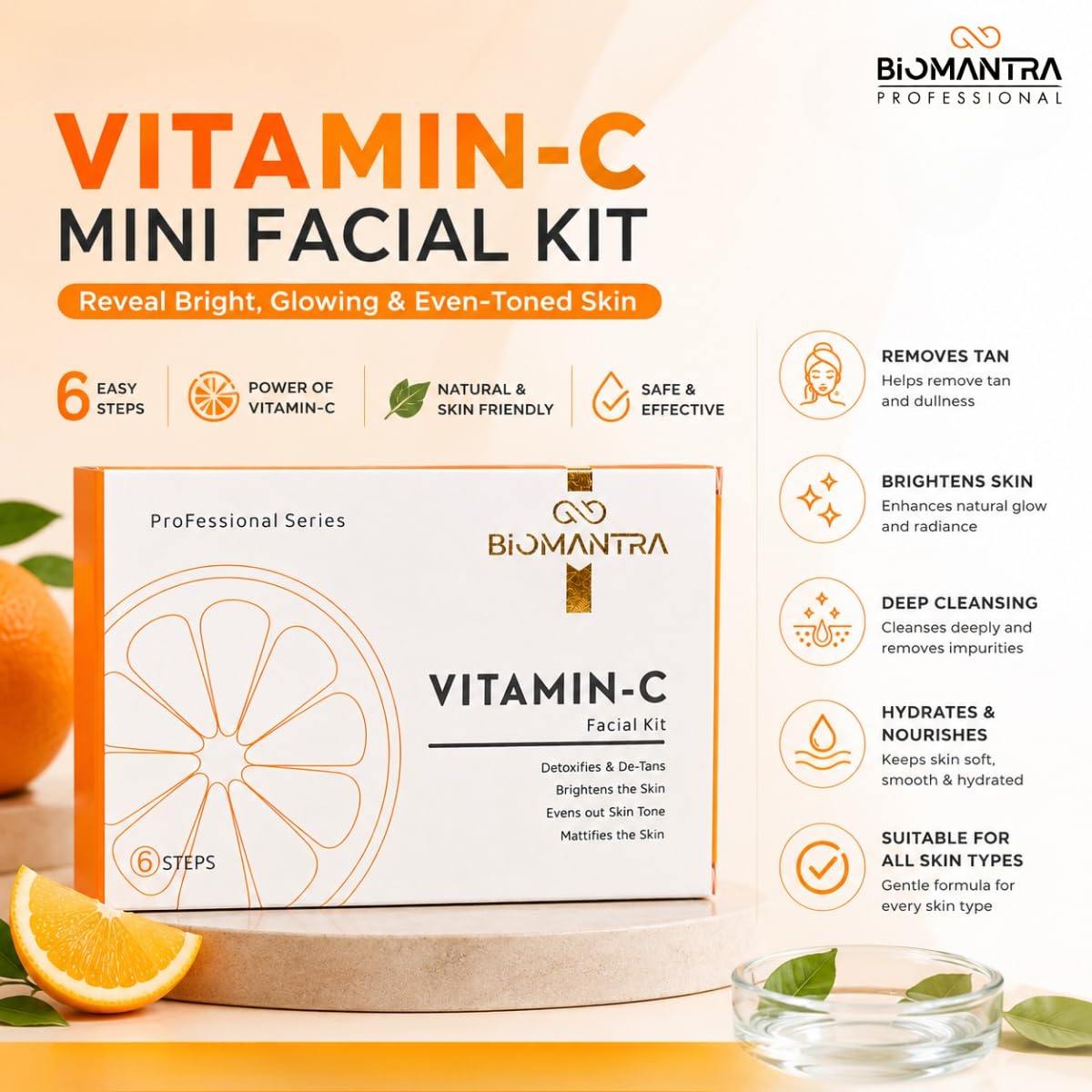 BIOMANTRA Vitamin C Facial Kit | 6 Step Mini Facial Kit for Bright & Glowing Skin | Cleanser, Scrub, Gel, Cream, Mask & Serum | Hydrating Skincare Kit for Women