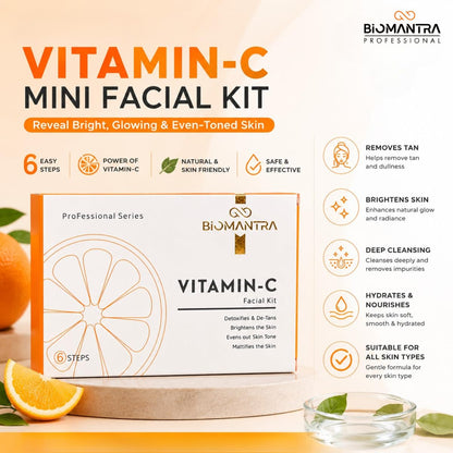 BIOMANTRA Vitamin C Facial Kit | 6 Step Mini Facial Kit for Bright & Glowing Skin | Cleanser, Scrub, Gel, Cream, Mask & Serum | Hydrating Skincare Kit for Women