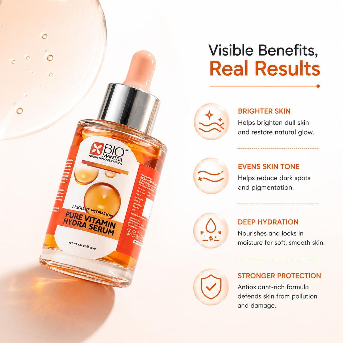 BIOMANTRA Vitamin C Face Serum for Skin Brightening & Dark Spot Removal | With Jojoba Oil, Ginseng & Hyaluronic Acid | For Glowing, Even Tone Skin | 30ml