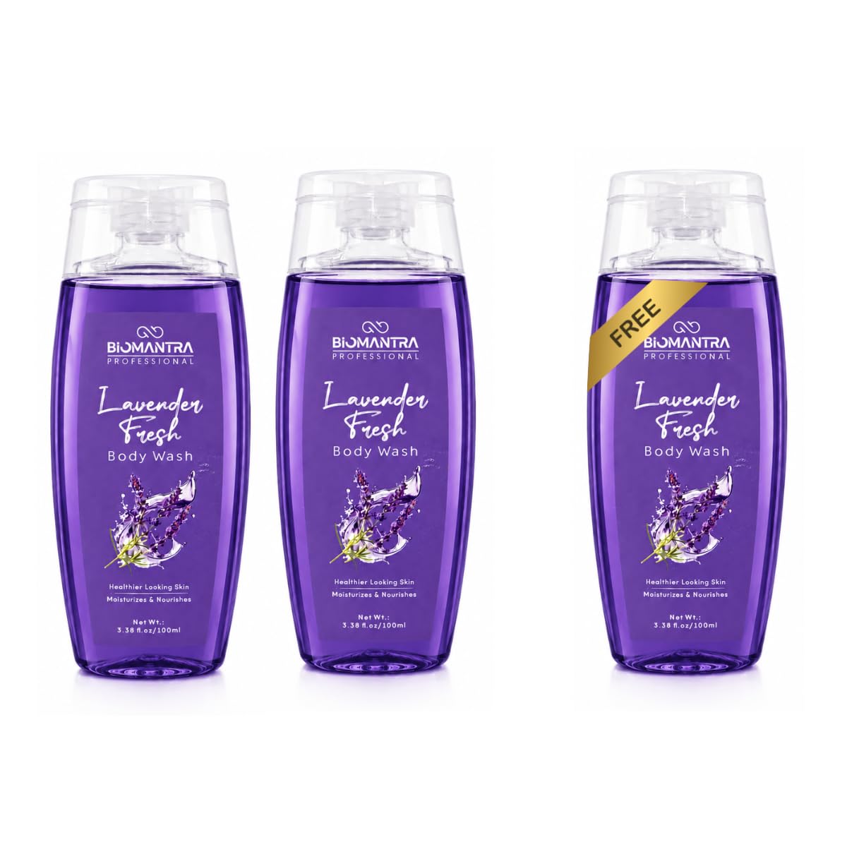 BIOMANTRA Lavender Body Wash Pack of 2 + 1 Free | Rejuvenating & Soothing Body Cleanser | Helps Improve Skin Texture | Moisturizing Daily Shower Gel for Soft & Healthy Looking Skin | 300ml (100 x 3)