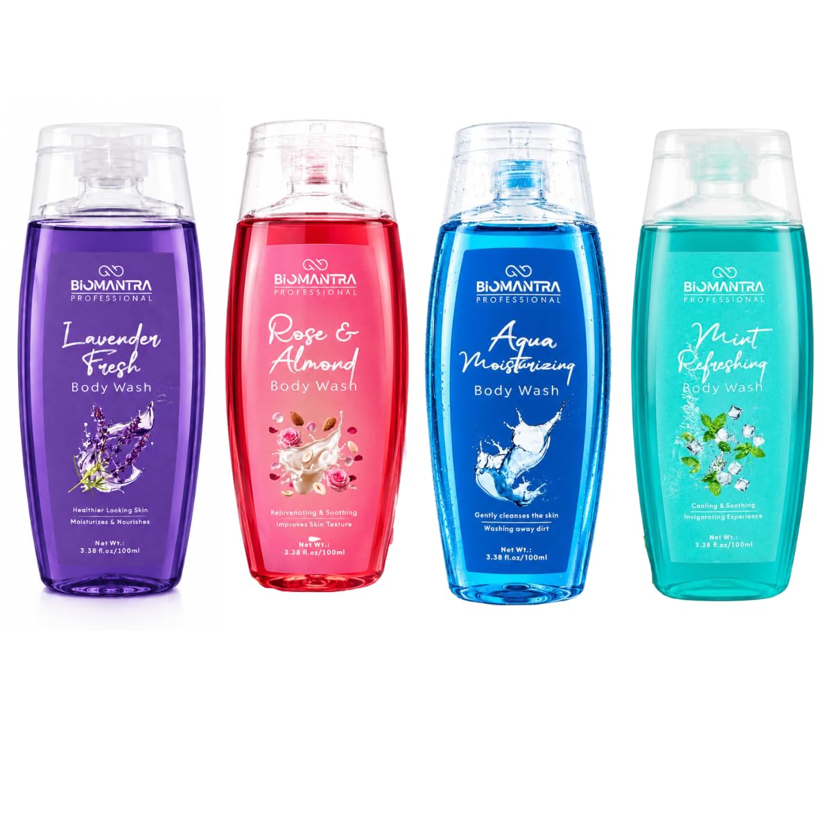 BIOMANTRA Hydration & Nourish Body Wash Combo Pack of 4 | Aqua, Rose, Lavender & Mint | Gentle Daily Shower Gel | Suitable for All Skin Types | 100ml Each