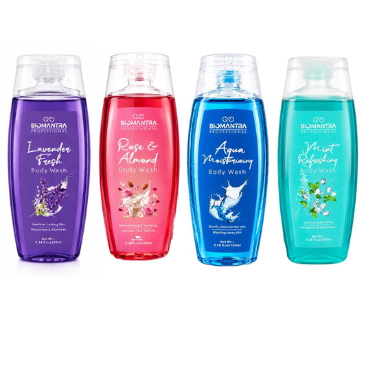 BIOMANTRA Hydration & Nourish Body Wash Combo Pack of 4 | Aqua, Rose, Lavender & Mint | Gentle Daily Shower Gel | Suitable for All Skin Types | 100ml Each