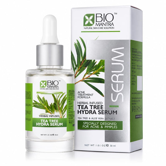 BIOMANTRA Tea Tree Hydra Serum for Acne & Pimples | Herbal Infused Face Serum with Tea Tree, Aloe Vera, Niacinamide & Hyaluronic Acid | Oil Control & Hydrating Skin Care for Men & Women | 30ml