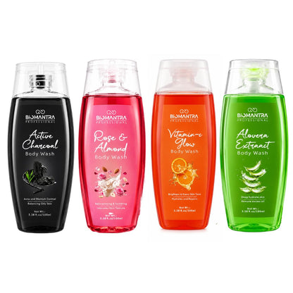 BIOMANTRA Hydration & Nourish Body Wash Combo Pack of 4 | Aloe Vera, Rose, Vitamin C & Charcoal | Gentle Daily Shower Gel | Suitable for All Skin Types | 100ml Each