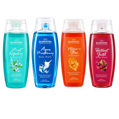 BIOMANTRA Body Wash Combo Pack of 4 | Charcoal, Rose, Aloe Vera & Vitamin C | Daily Cleansing & Refreshing Shower Gel | Suitable for All Skin Types | 100ml Each (Pack of 4)