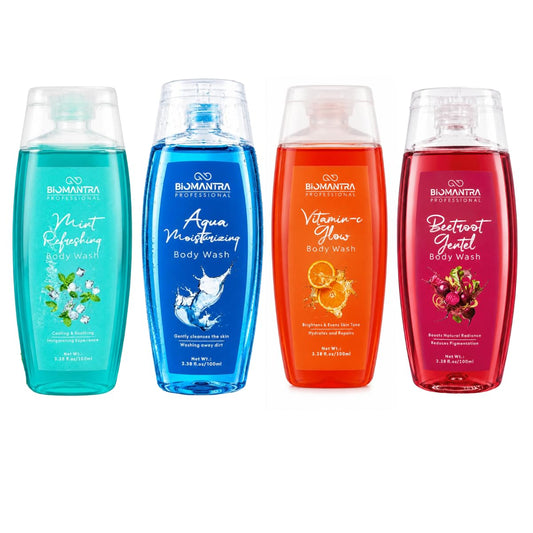 BIOMANTRA Body Wash Combo Pack of 4 | Charcoal, Rose, Aloe Vera & Vitamin C | Daily Cleansing & Refreshing Shower Gel | Suitable for All Skin Types | 100ml Each (Pack of 4)