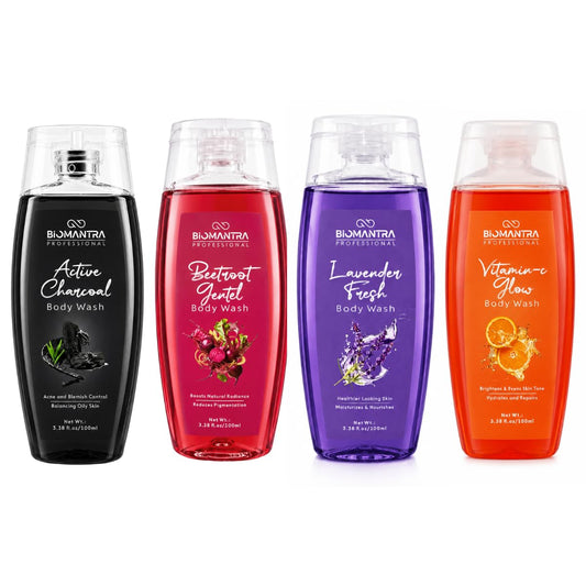 Body Wash Combo Pack of 4 | Charcoal, Rose, Lavender & Vitamin C | Daily Cleansing & Refreshing Shower Gel | Suitable for All Skin Types | 100ml Each (Pack of 4)