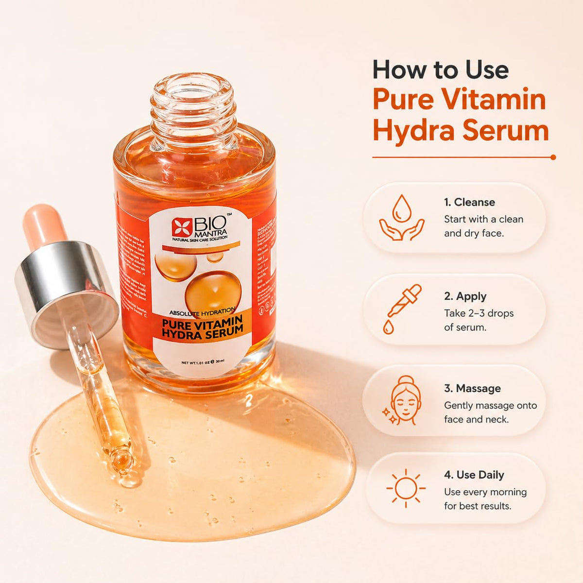 BIOMANTRA Vitamin C Face Serum for Skin Brightening & Dark Spot Removal | With Jojoba Oil, Ginseng & Hyaluronic Acid | For Glowing, Even Tone Skin | 30ml