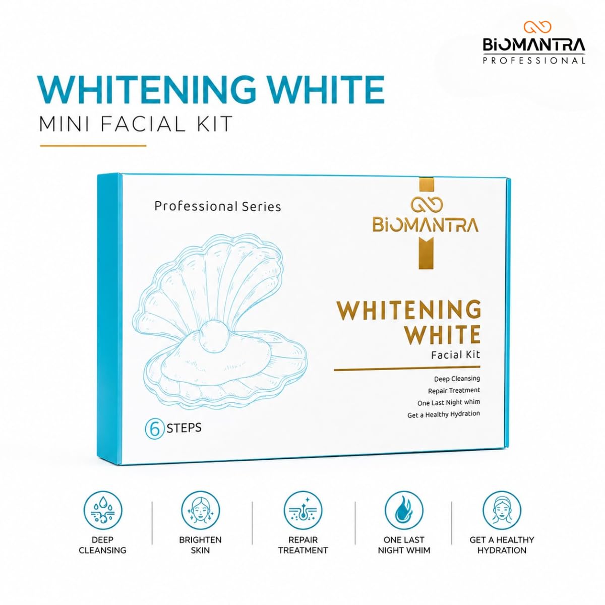BIOMANTRA Whitening White Facial Kit | 6 Step Mini Facial Kit for Bright & Glowing Skin | Cleanser, Scrub, Gel, Cream, Mask & Serum | Hydrating Skincare Kit for Women