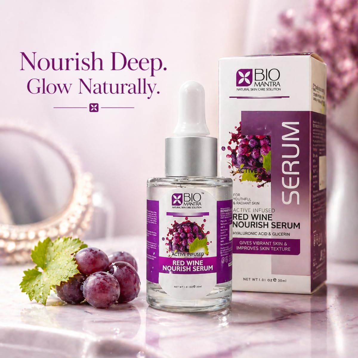 BIOMANTRA Red Wine Nourish Serum 30ml with Hyaluronic Acid & Grapes | Face Serum for Glowing Skin, Hydration, Skin Texture Improvement | Anti Aging Serum for Men & Women
