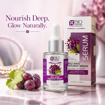 BIOMANTRA Red Wine Nourish Serum 30ml with Hyaluronic Acid & Grapes | Face Serum for Glowing Skin, Hydration, Skin Texture Improvement | Anti Aging Serum for Men & Women