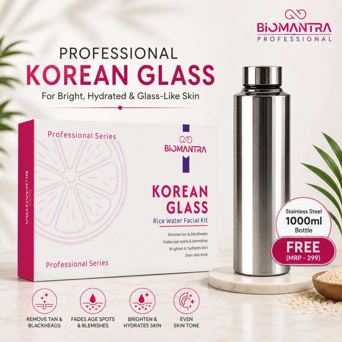 BIOMANTRA Korean Glass Facial Kit 500g | 6-Step Professional Tan Removal Facial for Deep Cleansing & Skin Brightening | Salon Quality Face Care | FREE 1000ml Stainless Steel Water Bottle (Worth ₹299)
