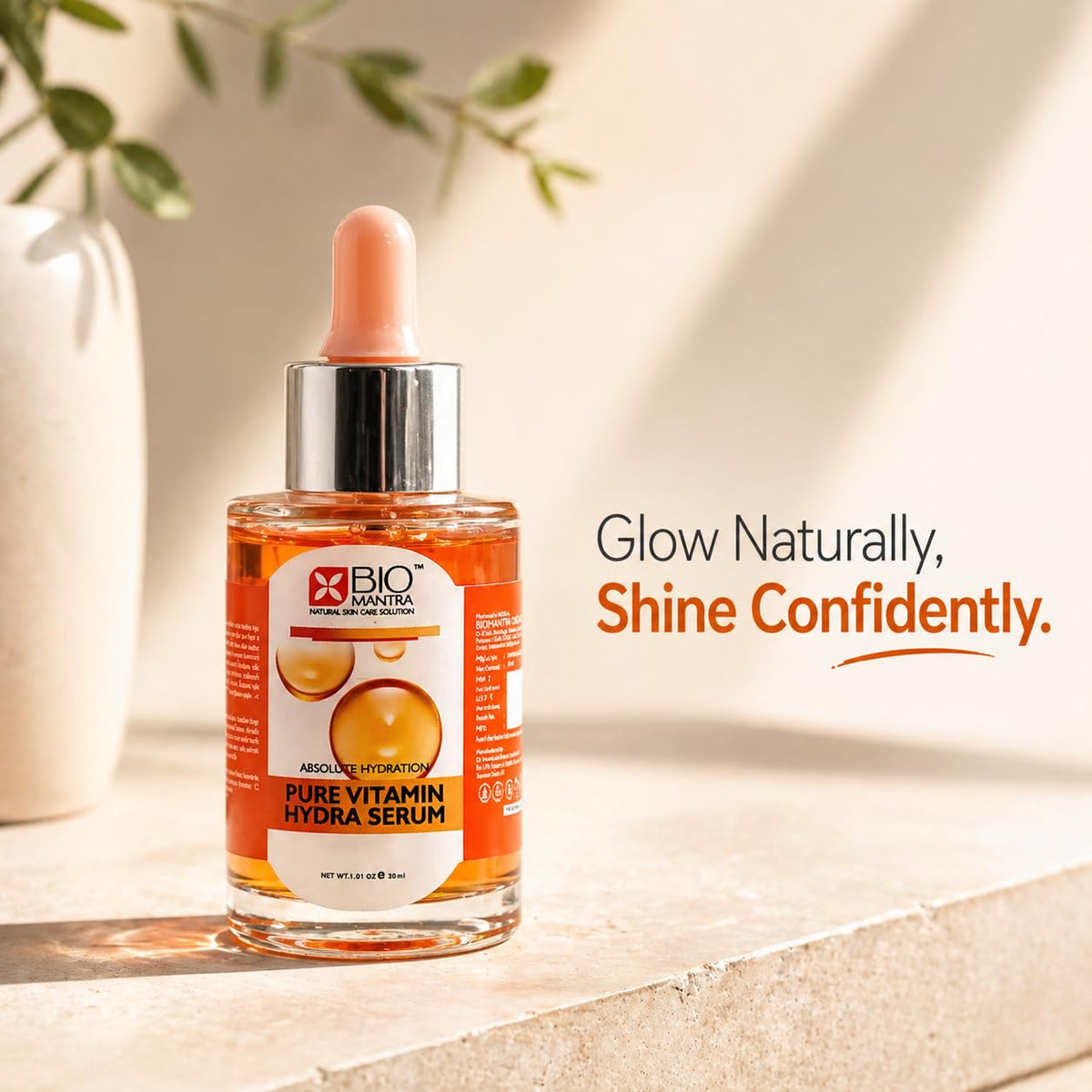 BIOMANTRA Vitamin C Face Serum for Skin Brightening & Dark Spot Removal | With Jojoba Oil, Ginseng & Hyaluronic Acid | For Glowing, Even Tone Skin | 30ml