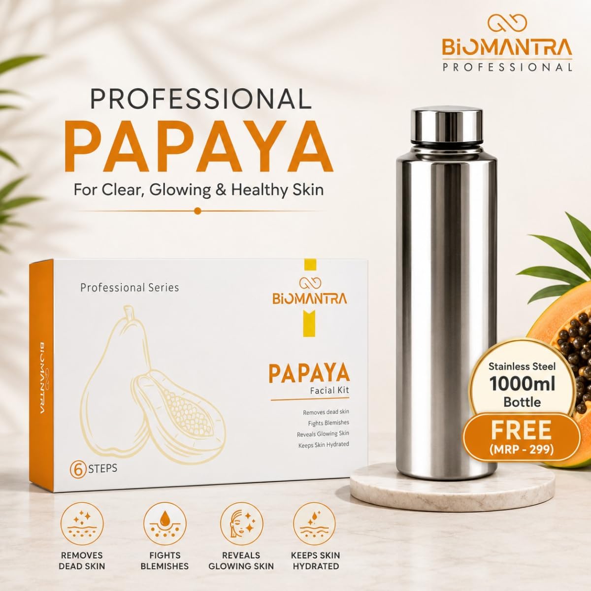 BIOMANTRA Papaya Facial Kit 500g | 6-Step Professional Tan Removal Facial for Deep Cleansing & Skin Brightening | Salon Quality Face Care | FREE 1000ml Stainless Steel Water Bottle (Worth ₹299) 500g