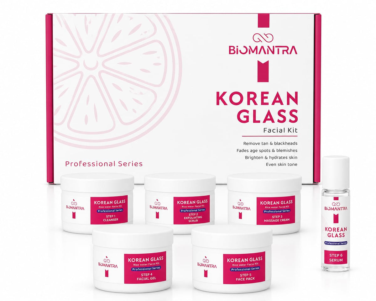 BIOMANTRA Korean Glass Facial Kit for Glowing Skin | Deep Cleansing, Hydration & Brightening Facial Kit | Smooth Glass Skin Glow | Reduces Dullness & Dryness | Salon Style Facial for Men & Women