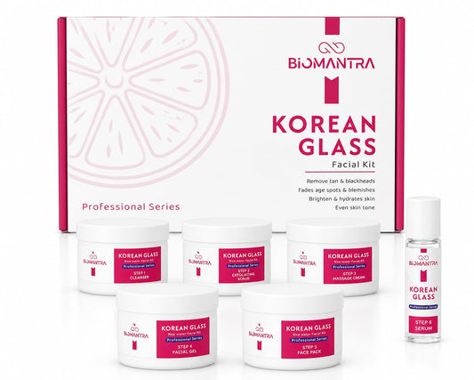 BIOMANTRA Korean Glass Facial Kit for Glowing Skin | Deep Cleansing, Hydration & Brightening Facial Kit | Smooth Glass Skin Glow | Reduces Dullness & Dryness | Salon Style Facial for Men & Women