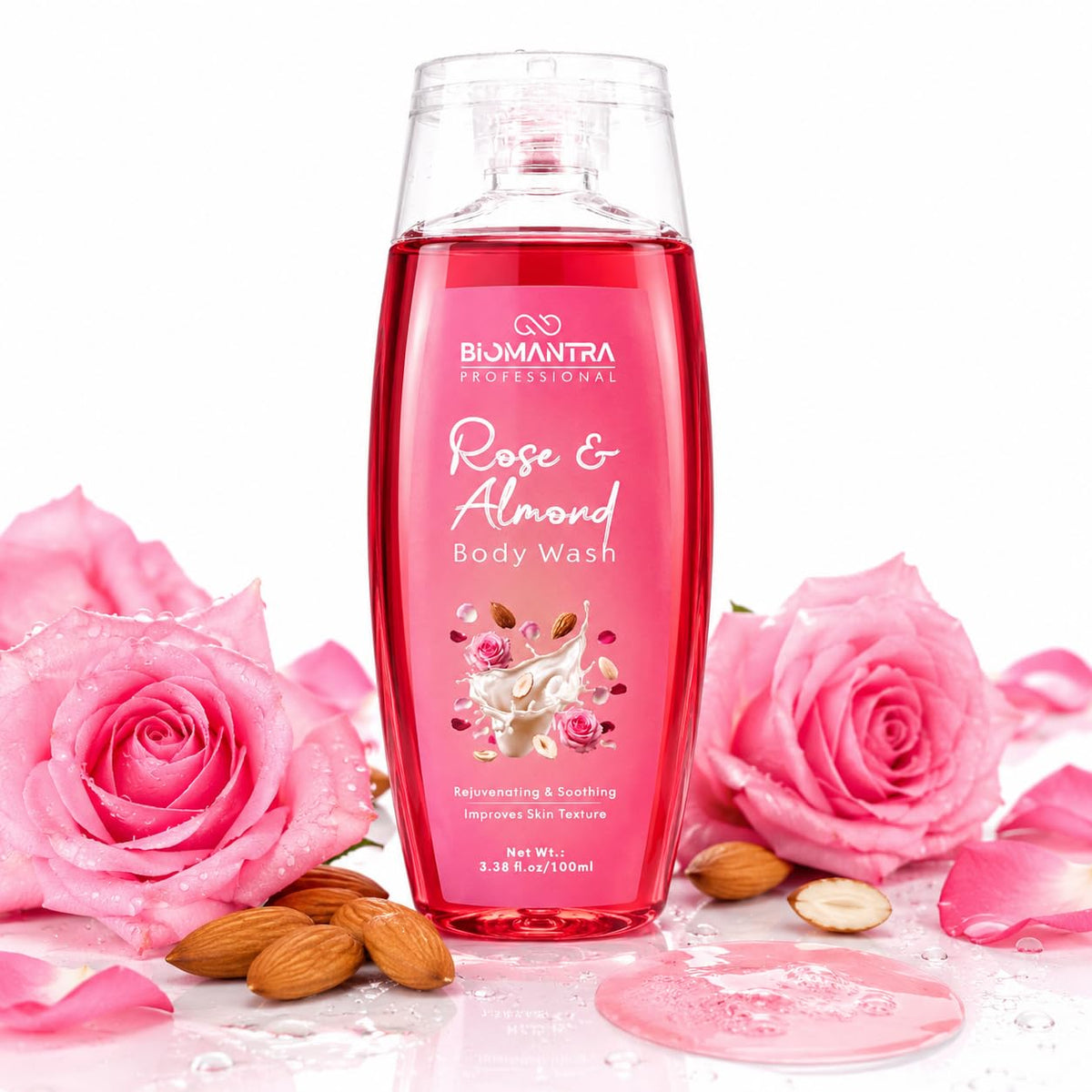BIOMANTRA Rose & Almond Body Wash | Rejuvenating & Soothing Body Cleanser | Helps Improve Skin Texture | Moisturizing Daily Shower Gel for Soft & Healthy Looking Skin | 100ml