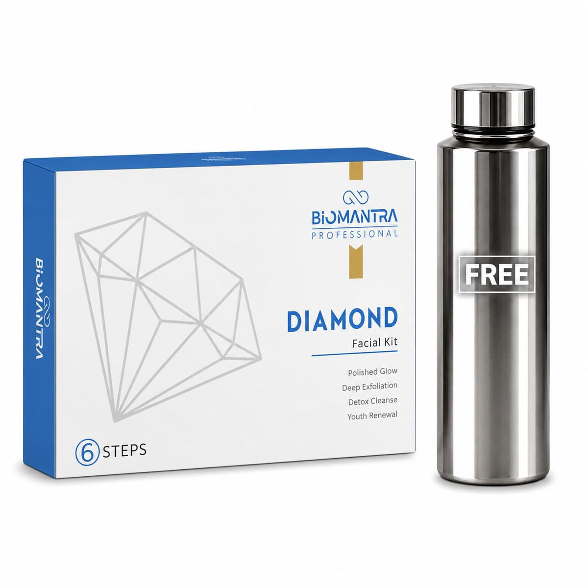 BIOMANTRA Diamond Facial Kit 500g | 6-Step Professional Tan Removal Facial for Deep Cleansing & Skin Brightening | Salon Quality Face Care | FREE 1000ml Stainless Steel Water Bottle (Worth ₹299)