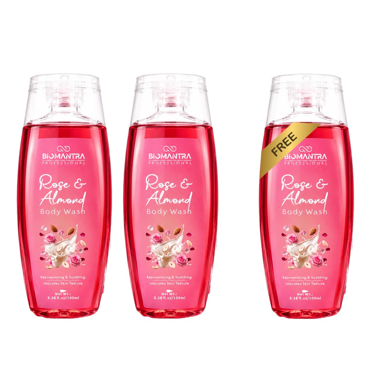 BIOMANTRA Rose & Almond Body Wash Pack of 2 + 1 Free | Rejuvenating & Soothing Body Cleanser | Helps Improve Skin Texture | Moisturizing Daily Shower Gel for Soft & Healthy Looking Skin | 300ml ( 100 x 3 )
