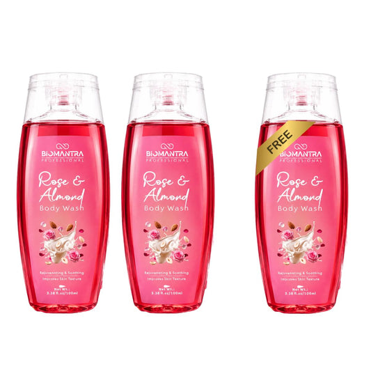 BIOMANTRA Rose & Almond Body Wash Pack of 2 + 1 Free | Rejuvenating & Soothing Body Cleanser | Helps Improve Skin Texture | Moisturizing Daily Shower Gel for Soft & Healthy Looking Skin | 300ml ( 100 x 3 )