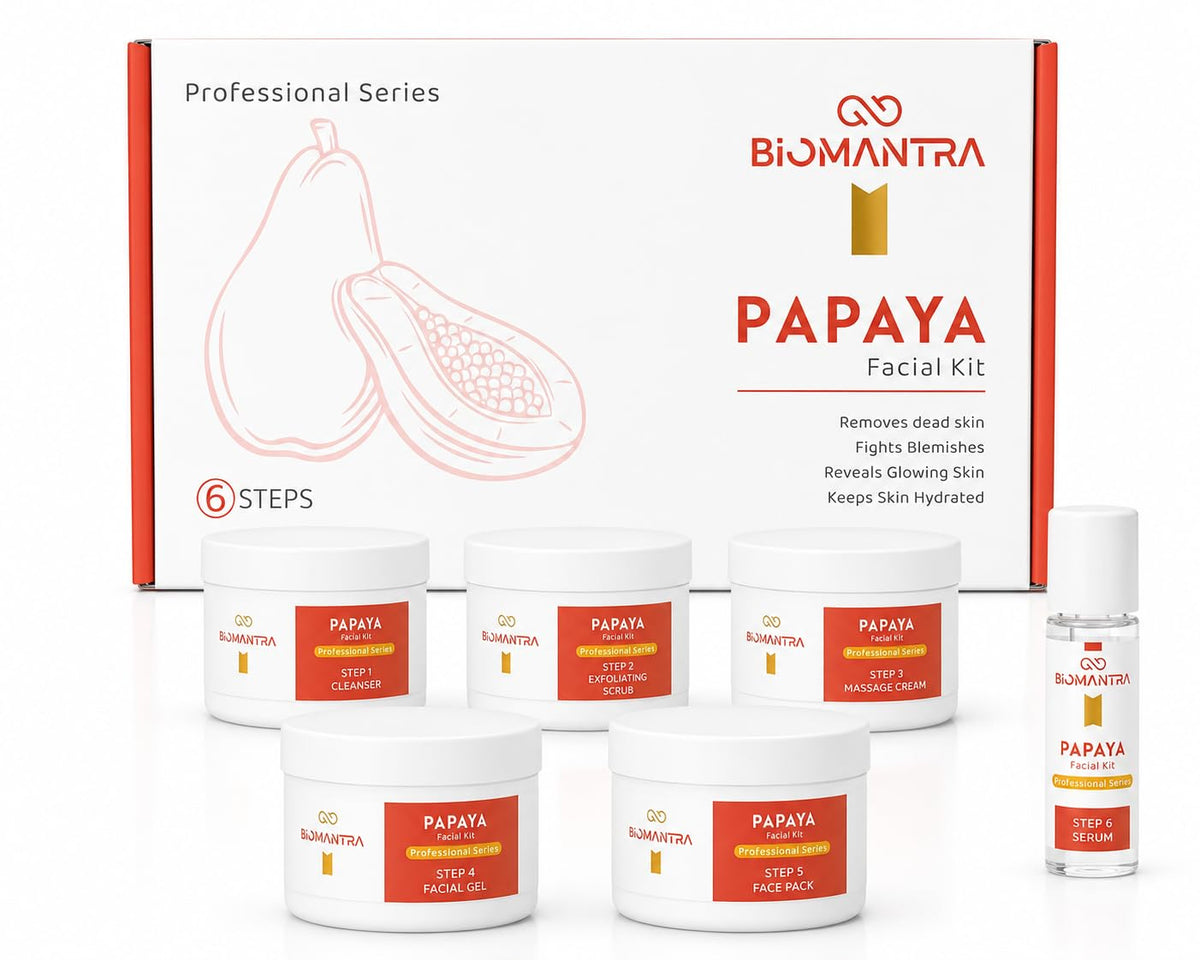 BIOMANTRA Papaya Facial Kit for Glowing Skin | 6 Step Deep Cleansing with Papaya Extract | Face Cleanser, Scrub, Gel, Cream, Face Pack & Serum | Skin Brightening Kit for Men & Women